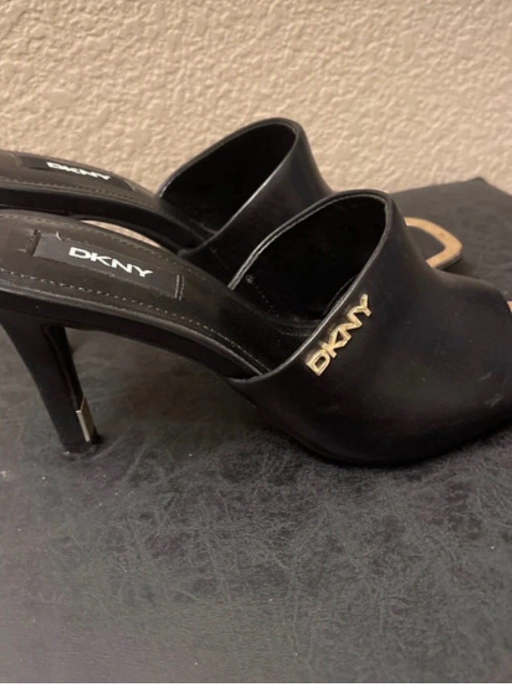 DKNY Black Leather Heeled Mules with Gold Logo